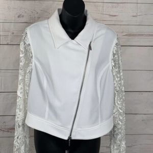 BISOU BISOU Lace Sleeve Moto Jacket Textured White